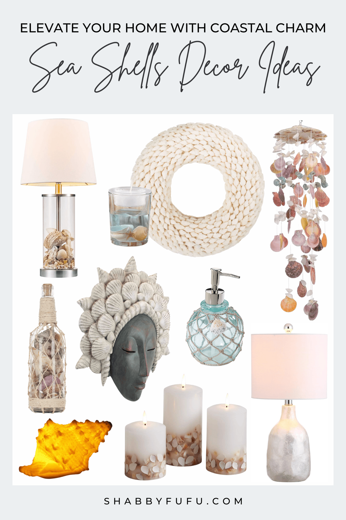 Pinterest graphic featuring sea shell decor ideas 