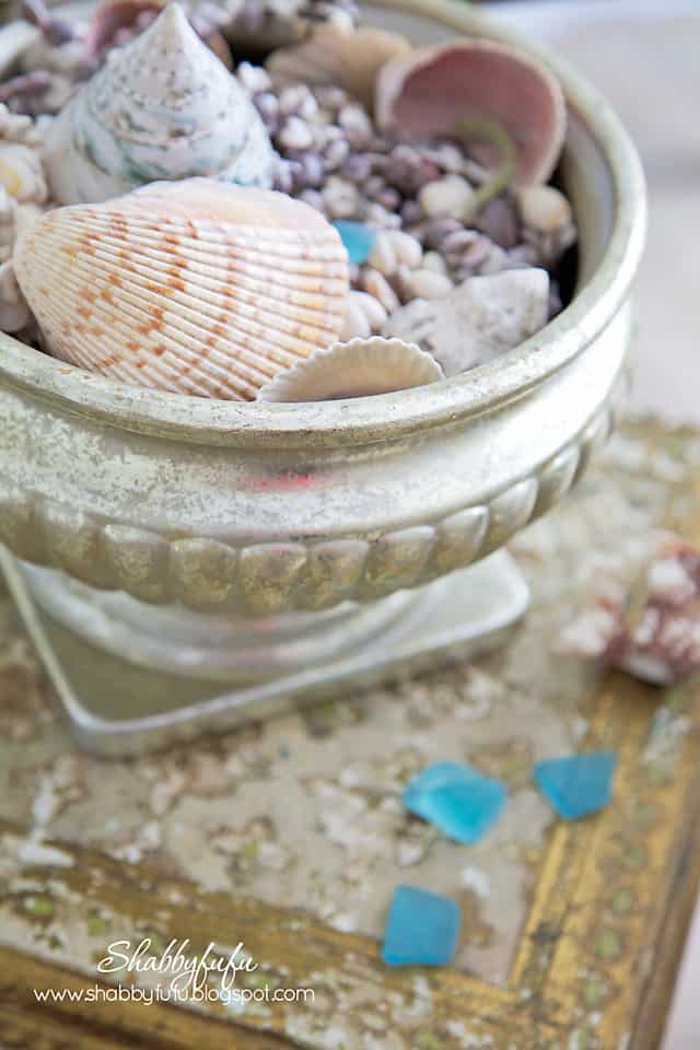 five minute styling tips - a neutral seashell collection in a vintage distressed silver bowl