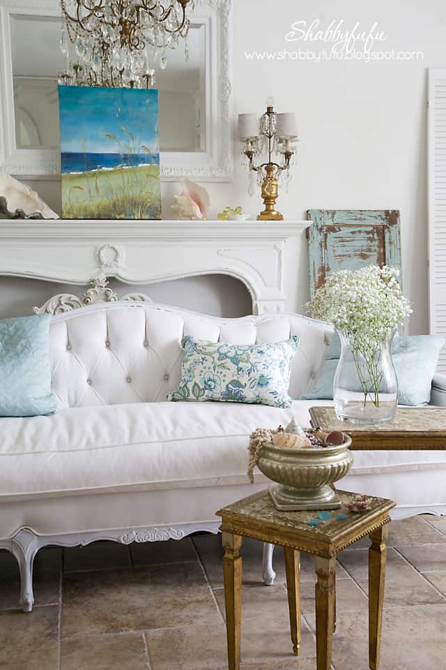 five minute styling tips - white room with coastal blue accents and rustic distressed furniture