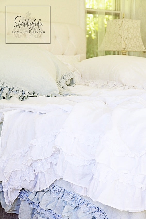 romantic room designs - soft white ruffled bed linenes