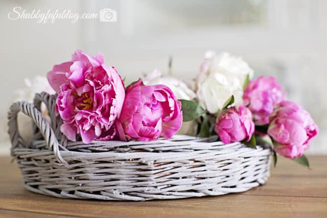 A small white wicker tray painted grey with bright fuschia Peonies create a simple DIY floral peony wreath project. 