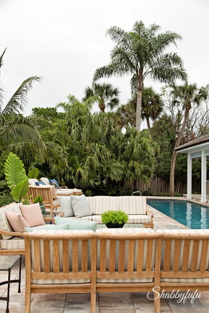 Landscaping and back yard furniture display around the pool area of the HGTV Dream Home 2016.