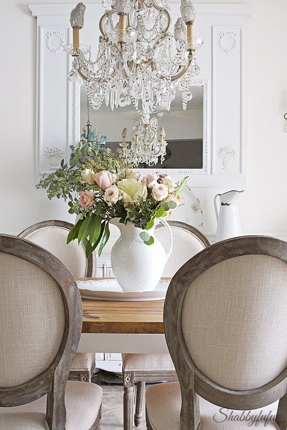 French dining chairs used in an elegant farmhouse setting, all done on a budget