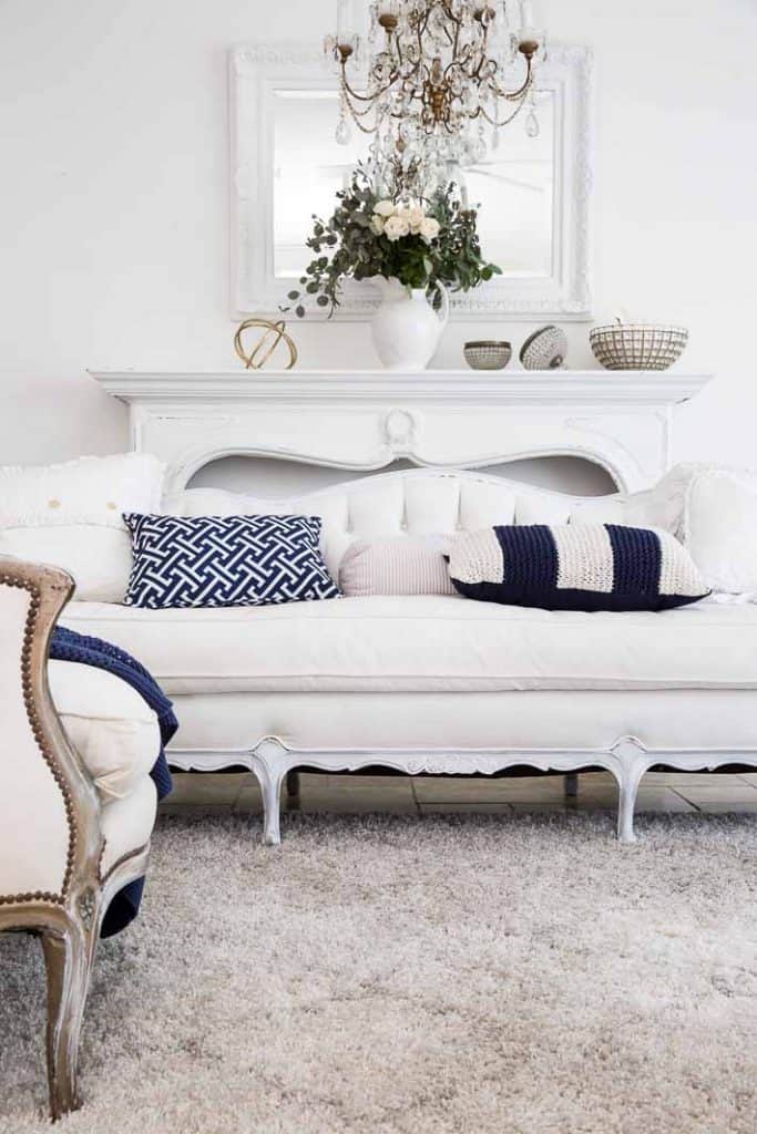 white living room with navy blue accents