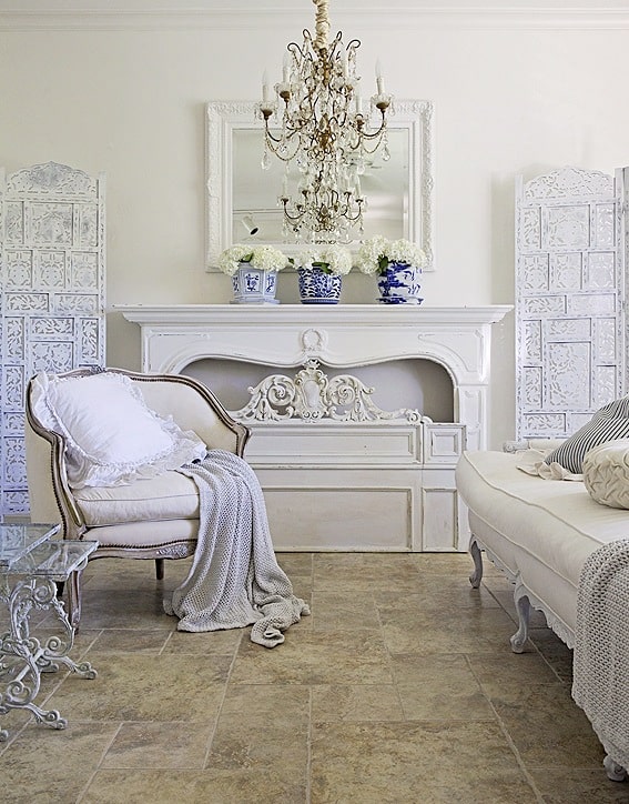 french living room with blue and white