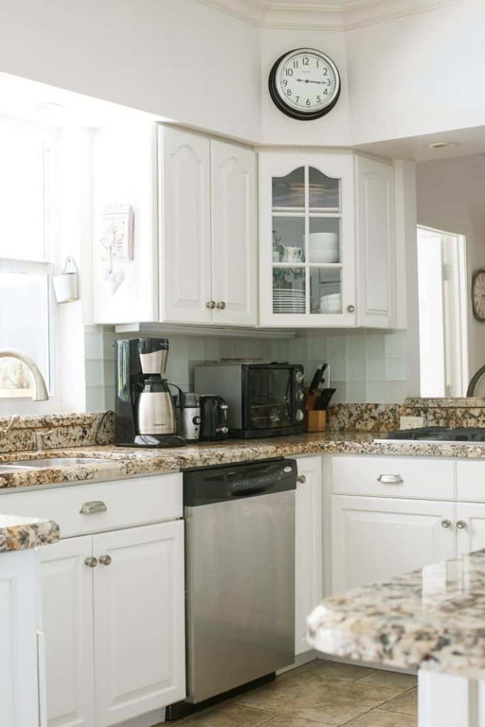 cottage kitchen white granite seafoam green