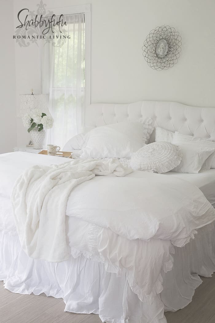 Beautiful Linen Bedskirt and White Nightstands