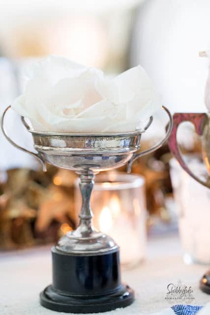vintage silver trophy cup with blush roses