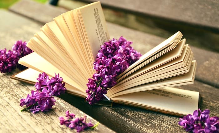 vintage book with lilacs