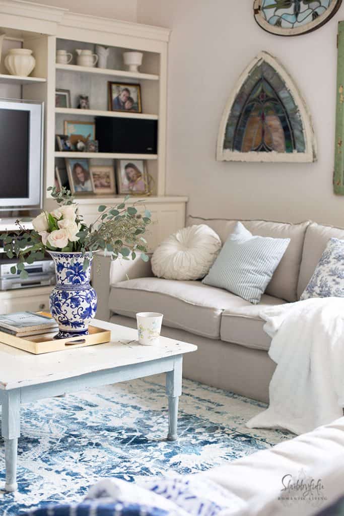 blue and white family room