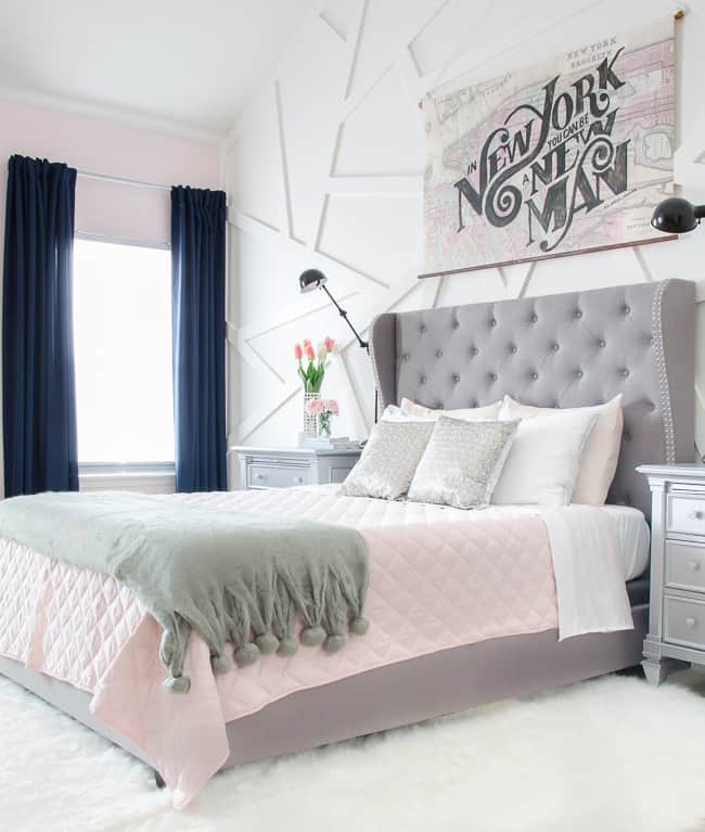 grey and blush pink bedroom