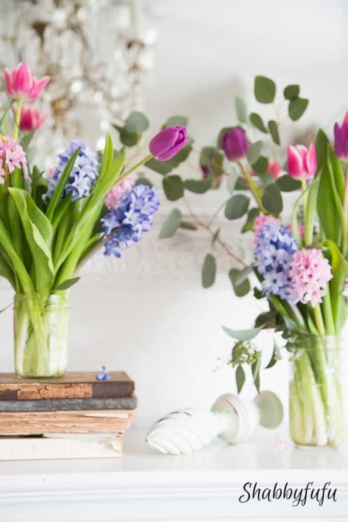 floral display for spring with hyacinth and tulips