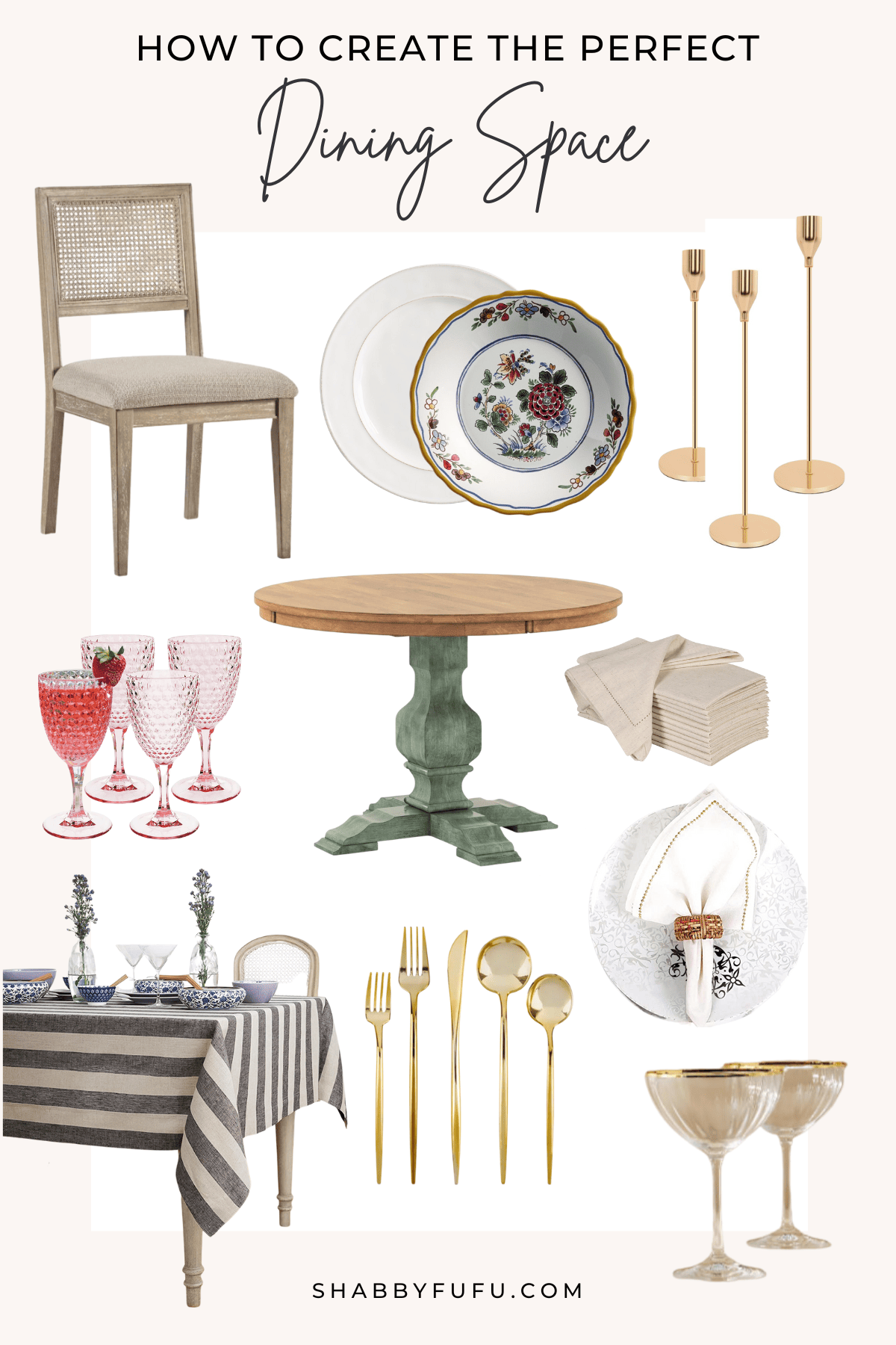 Collage image featuring tableware products along with  chairs and tables, titled "how to create the perfect dining spot"