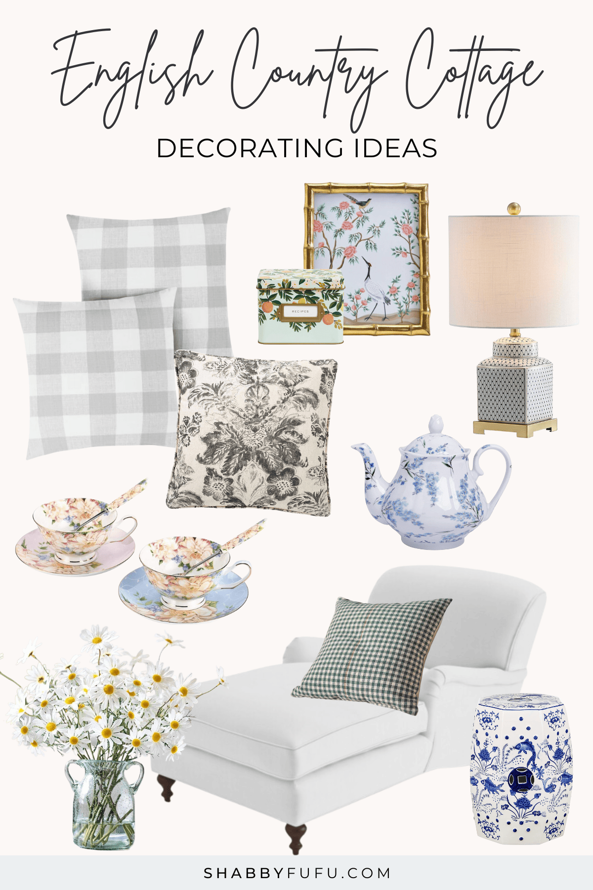 collage graphics with decor items inspired in the english country cottage 