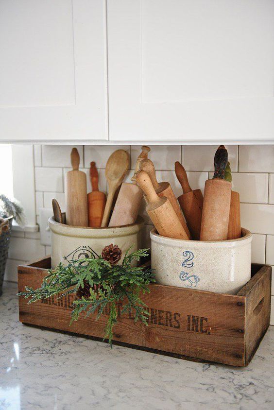 Vintage wooden crates in a kitchen