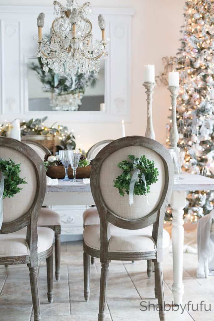 french country chairs with boxwood wreaths