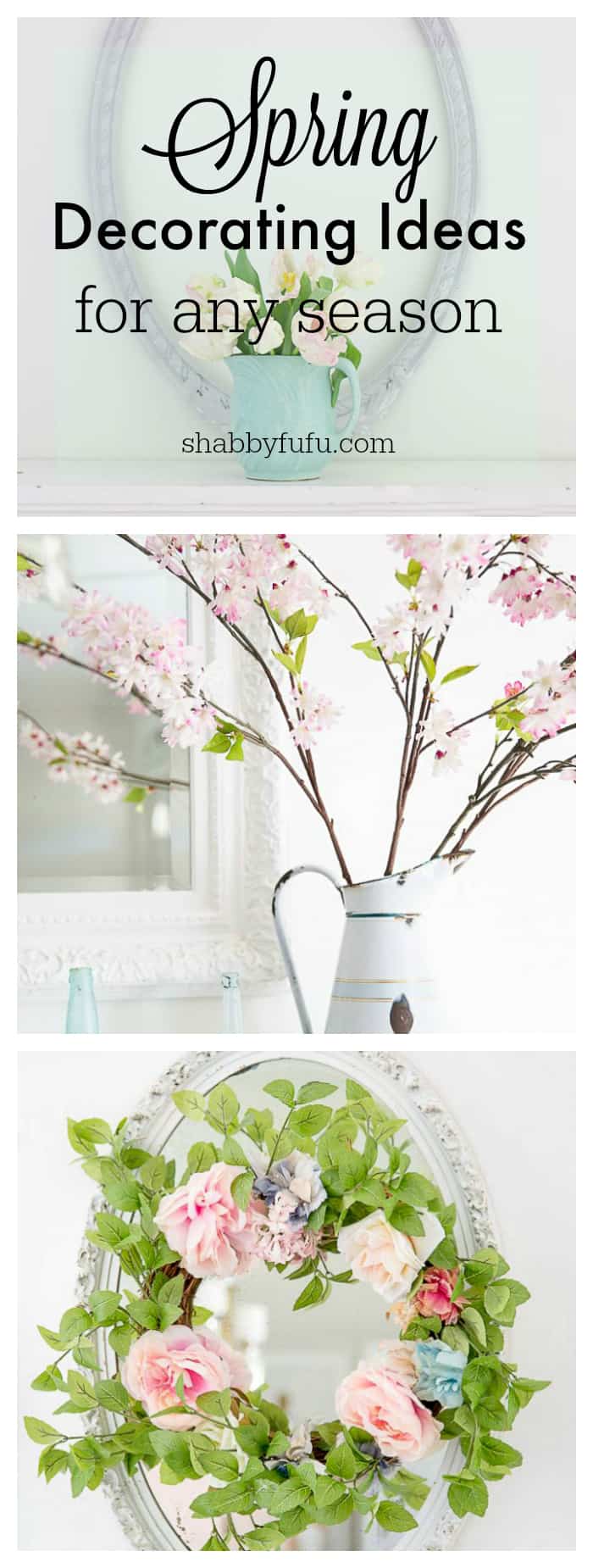 Spring decorating ideas for any season. We love to use faux florals and spring infused color with vintage pottery, pillows, throws and succulents. More on the blog at shabbyfufu.com #springdecorating #springdecor #designideas
