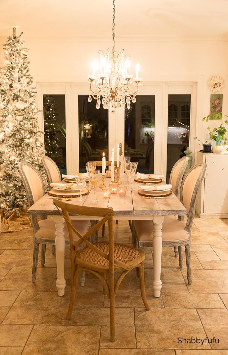 French farmhouse dining room Christmas at night