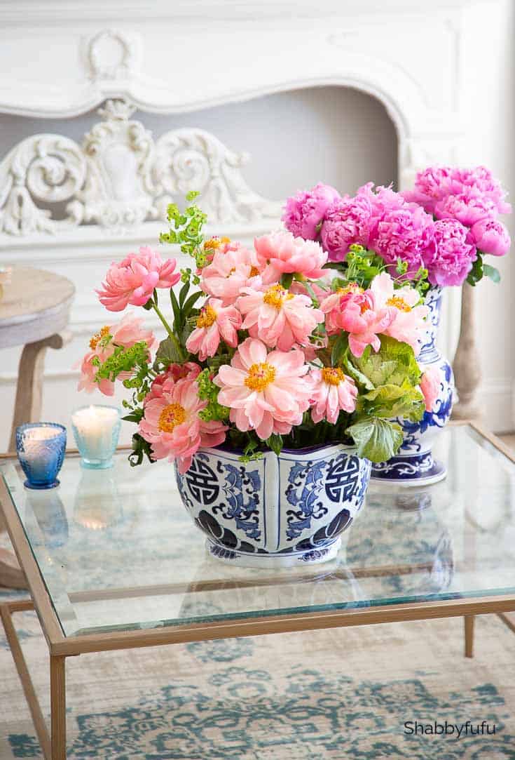 french country modern living room with peonies