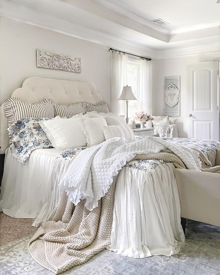 french country inspired bedroom with shabby chic bedding