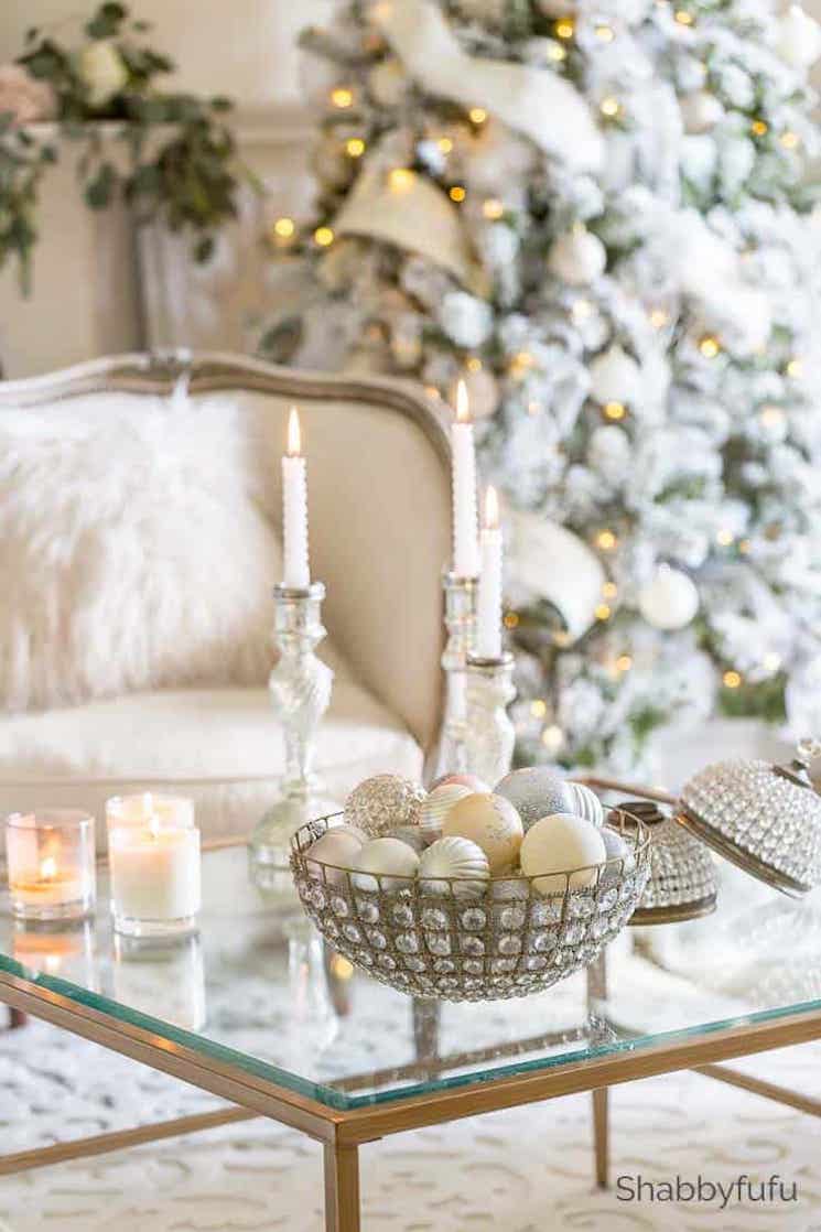 bowl with Christmas ball ornaments