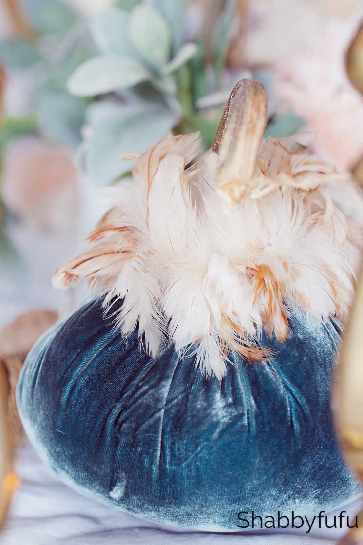fall home decor blue velvet pumpkin with feathers