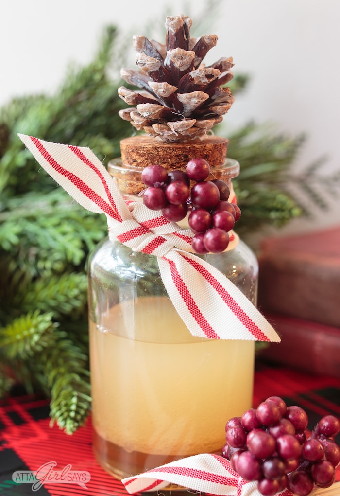 DIY Christmas Scent Reed Diffuser with a pinecone on top