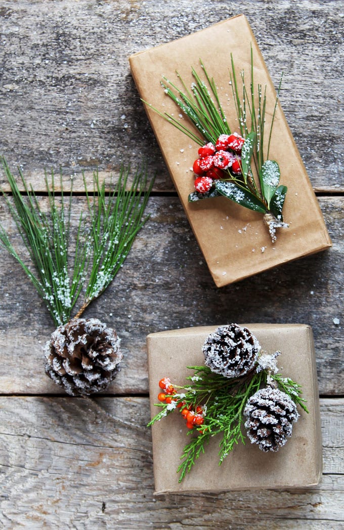 Beautifully wrapped presents with natural elements.