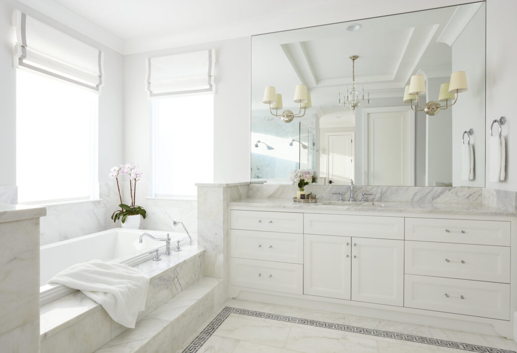 white marble master bathroom