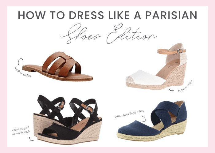 graphic featuring espadrilles and slide shoe styles with blog title "how to dress like a parisian - shoe edition"