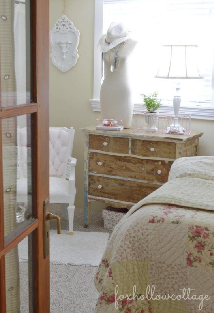 cottage style vintage bedroom with shabby chic linens and accessories