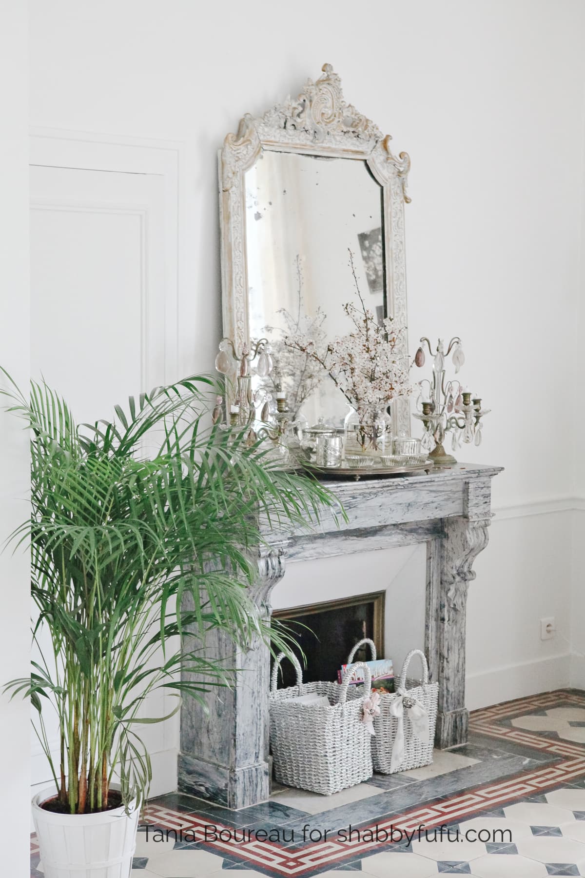 French country house tour Tania fireplace