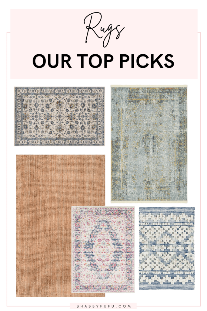 graphic image of five rugs in different chic styles in blue, grey and pink shades titled "Rugs: Our Top Picks".
