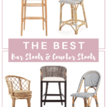 Graphic of different barstools and counter stools in a farmhouse rustic style, lay out on a white background with a framed text box titled "the best bar stools and counter stools".