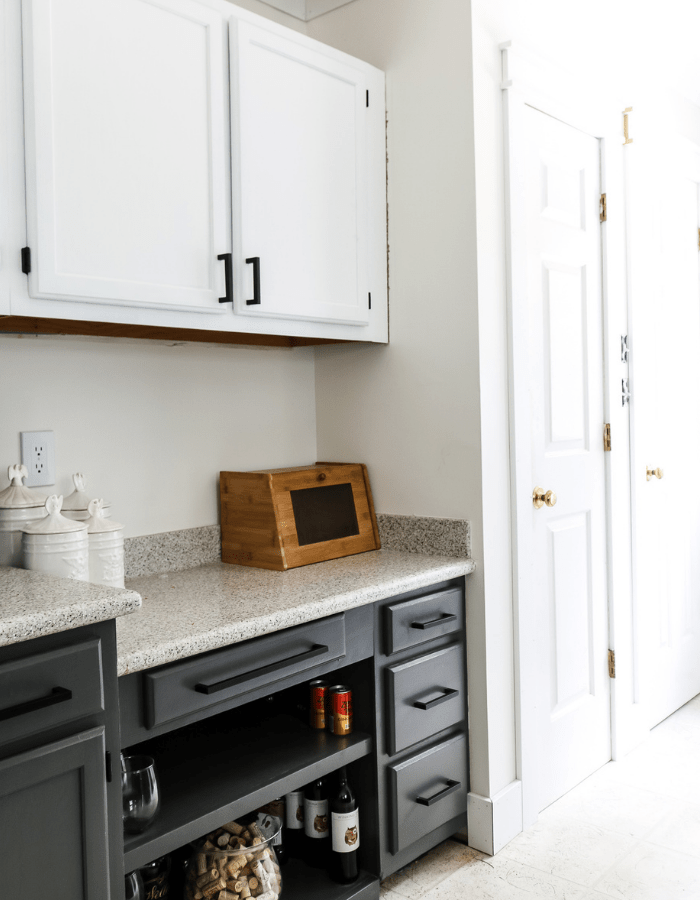 white and blue countertops makeover DIY kitchen transformation 