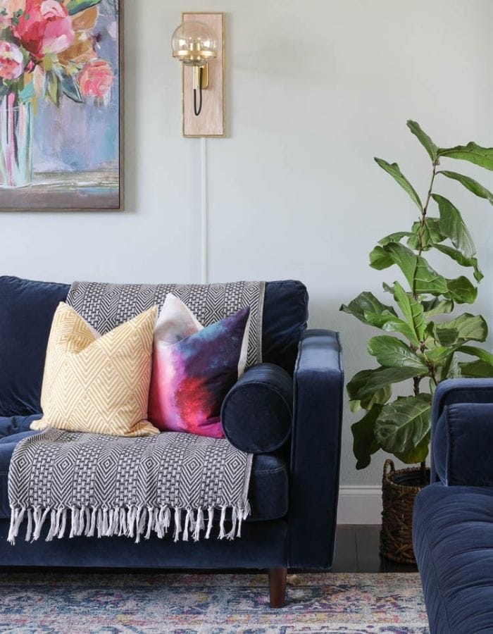 crafter home tour diy living room makeover blue sofa 
