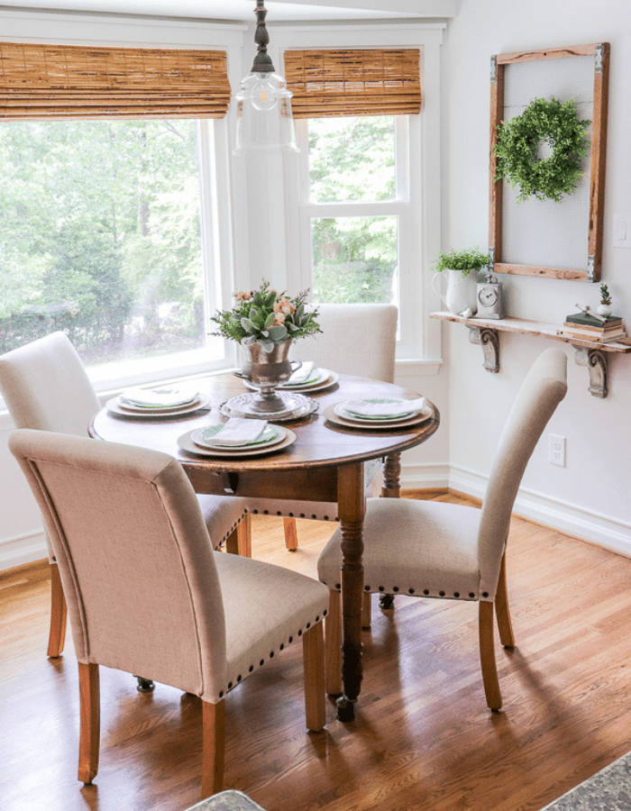 makeover farmhouse styled renovation small kitchen dining area with round table and chairs