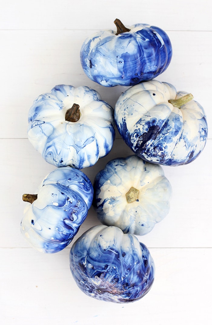 group of 6 blue and white marbleized mini pumpkins