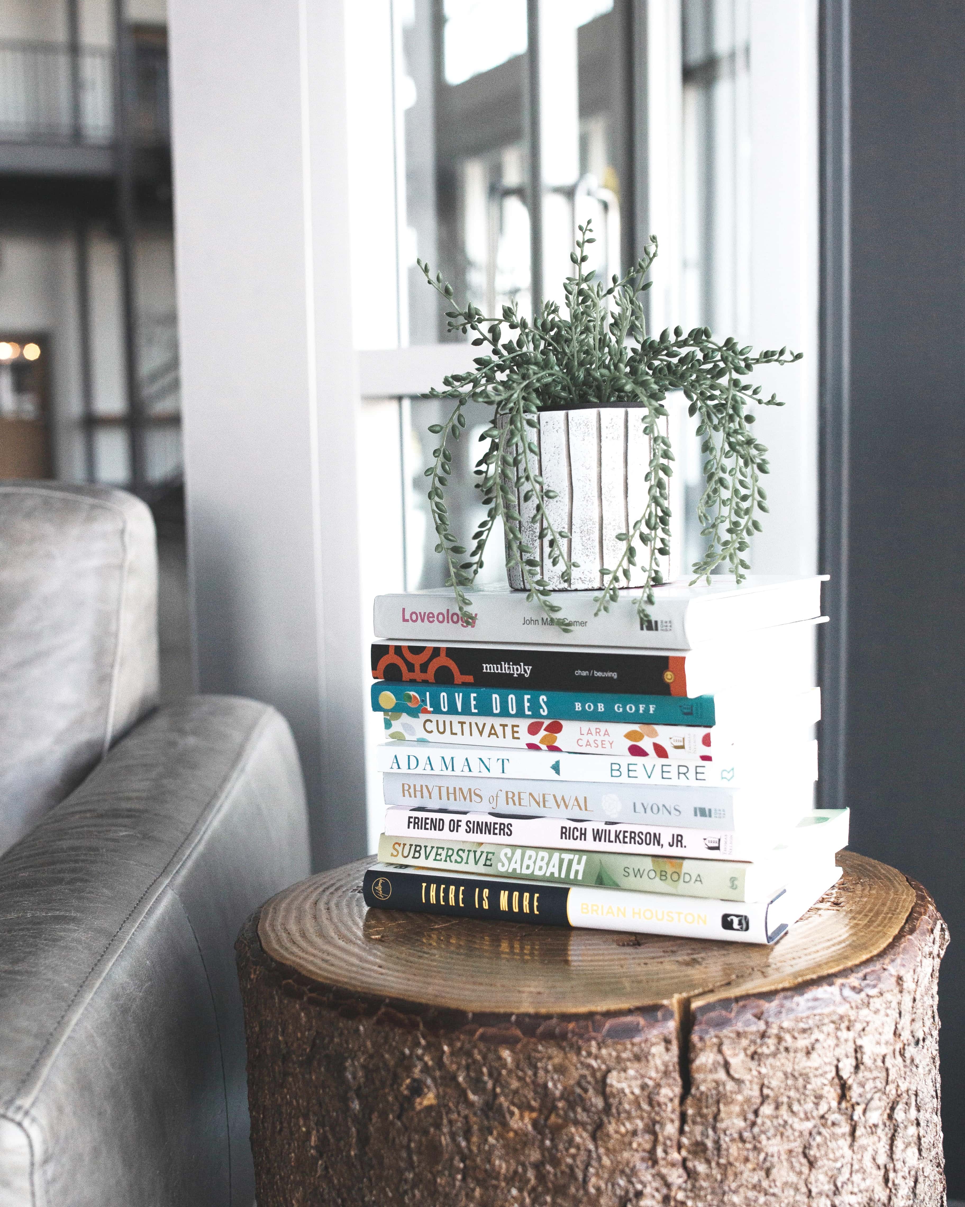 book stack with plants