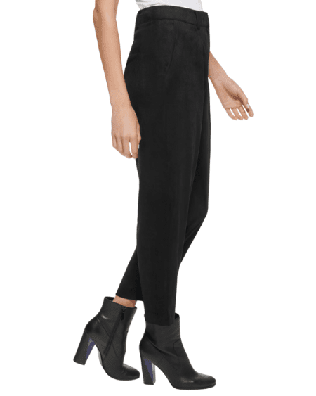 model wearing black cropped faux-suede black pants from CK