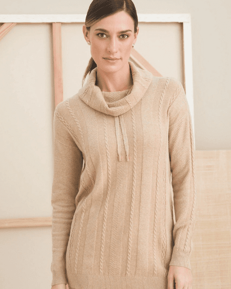 over 50 fashion model wearing a camel Cotton Cashmere Cable Knit Sweater 