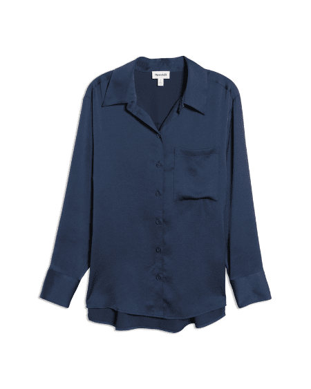 button up satin shirt in a dark night blue on a white backdrop