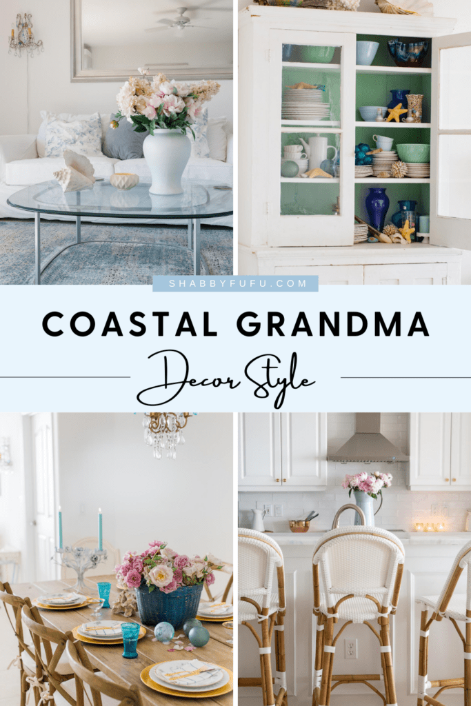 Collage of four photos with the Coastal Grandma Decor Style theme on a light blue background