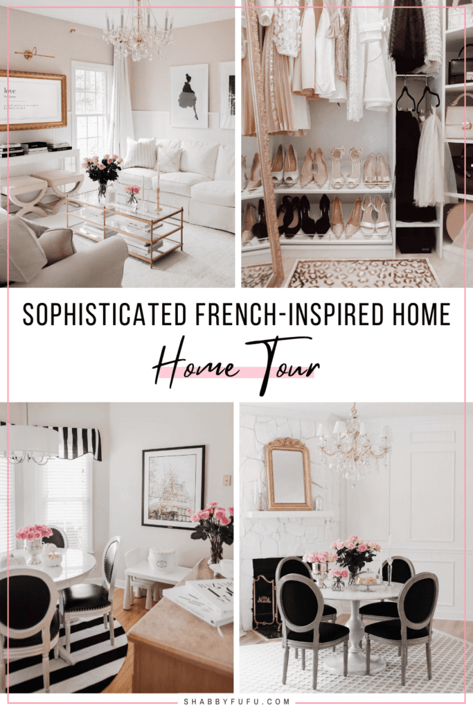 Pinterest pin graphic with pictures of Sophisticated Versailles Inspired Home Tour