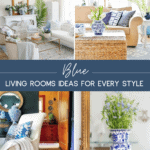decorative pinterest graphic featuring four images of home living rooms with the text "blue living room ideas for every style"