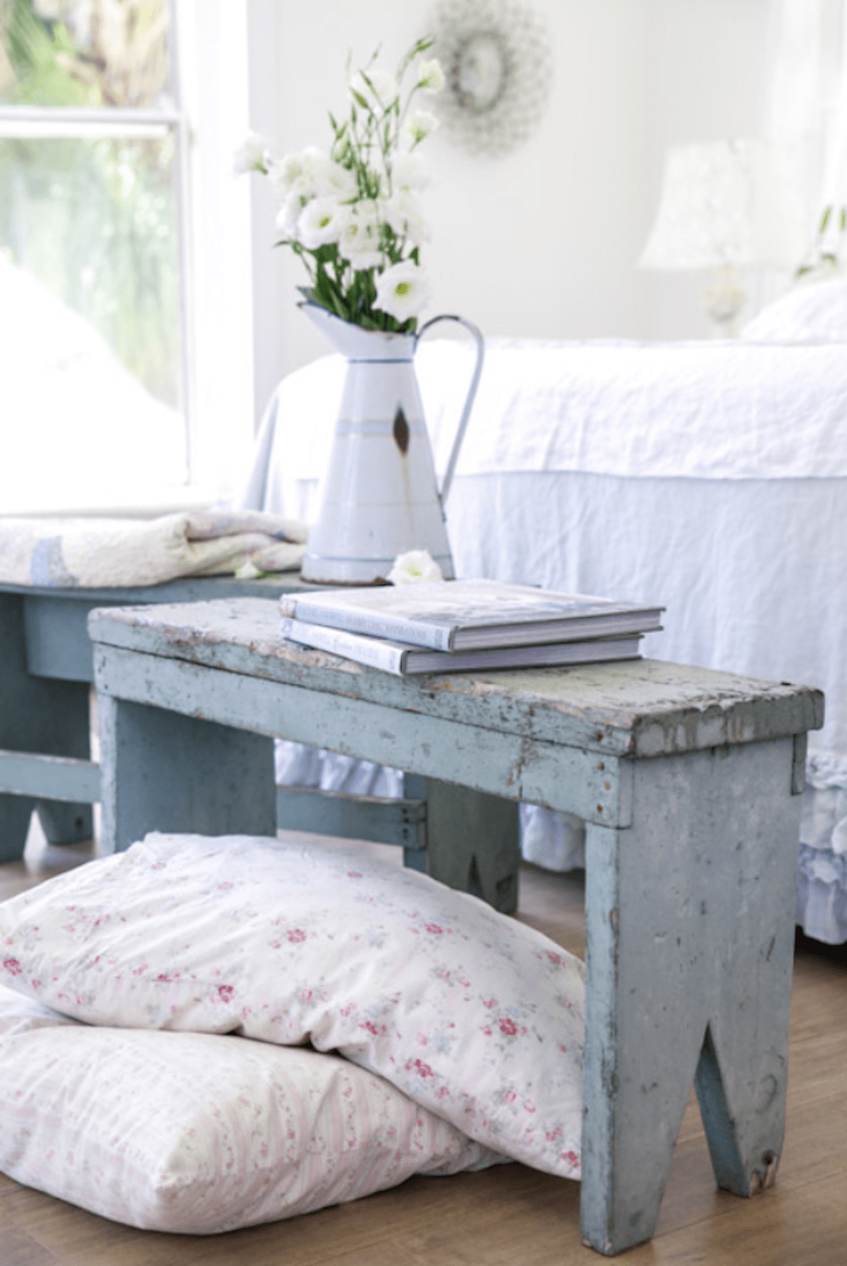 Vintage blue benches in summer decor