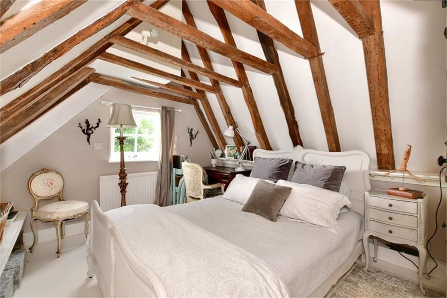 English cottage home bedroom with beams