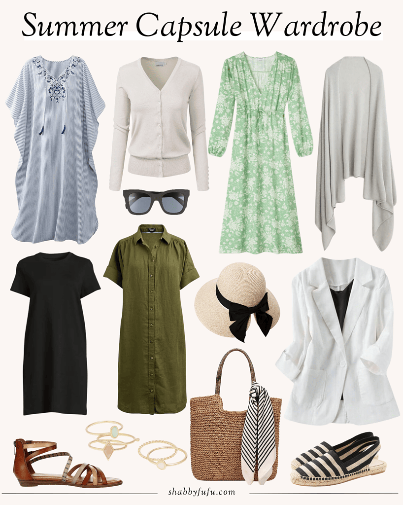 inspiration for a summer capsule wardrobe featuring dresses, hats, blazers, and others
