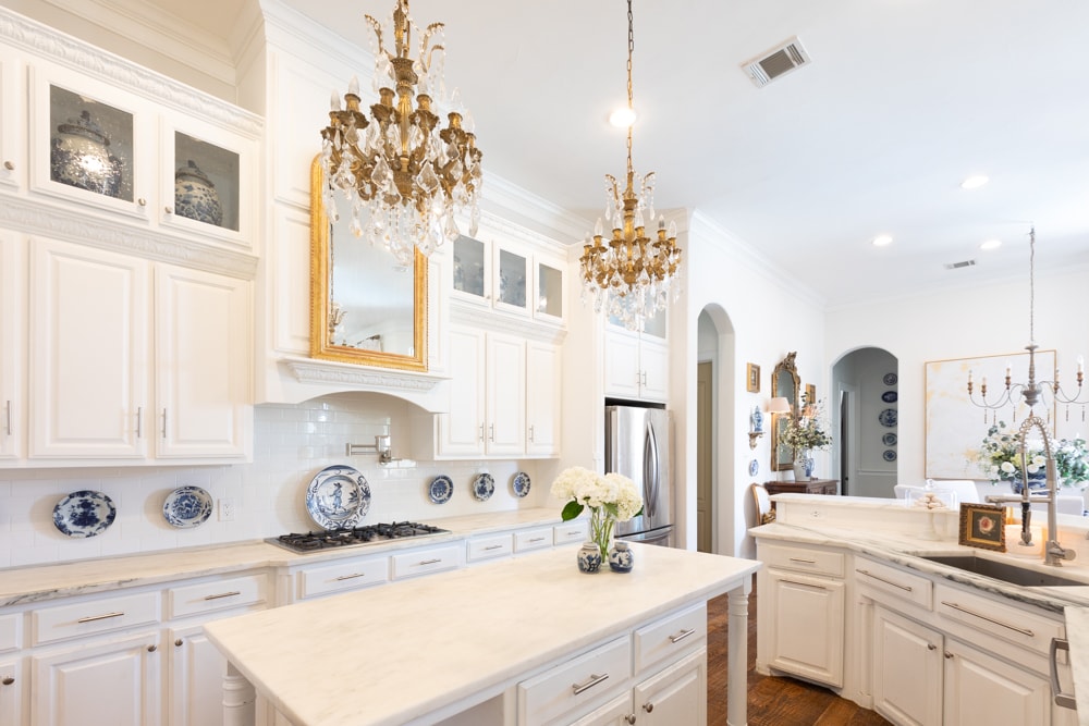 white marble French country style kitchen