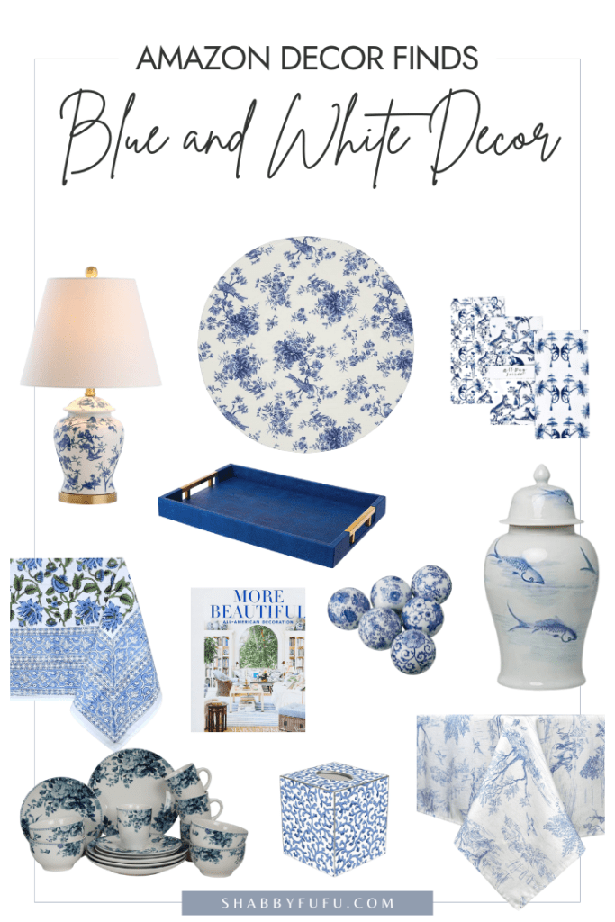 product collage of blue and white decor items
